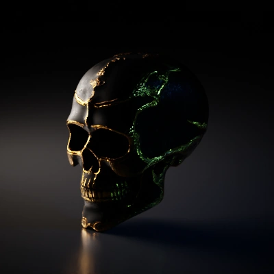 Ornate metallic skull, decorative, intricate designs.