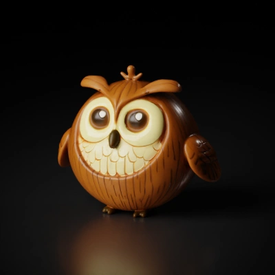 Cartoon owl, stylized, round body, large expressive eyes.