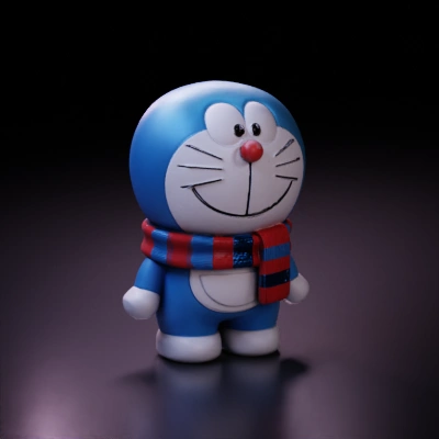 Blue robotic cat with scarf.