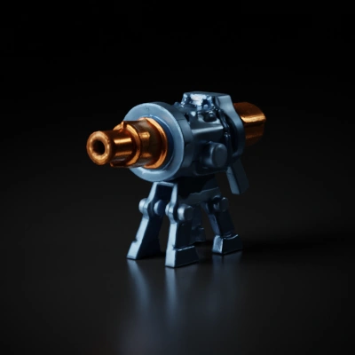 Robotic cannon with wooden barrel, four legs.