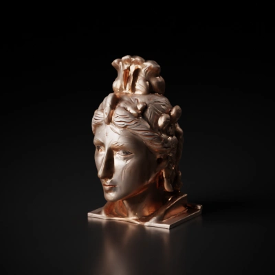 Ancient Greek-style statue with detailed hair and facial features.
