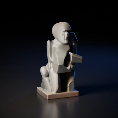 Abstract human-like statue holding an object.