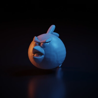 Round bird with angry expression, popular in games.