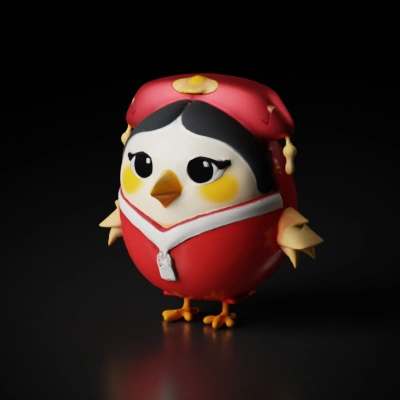 Cartoon bird wearing traditional attire, cute and round.