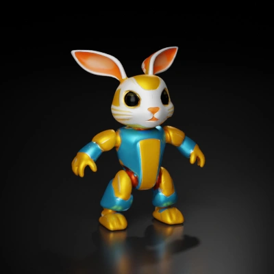 Robot rabbit with articulated limbs and friendly expression.