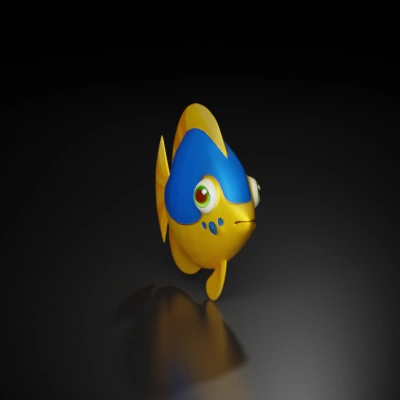 Cartoon fish with colorful scales, big eyes.