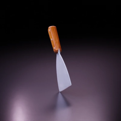 Flat-bladed tool with wooden handle for scraping.