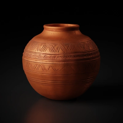 Ornate clay pot with tribal patterns.