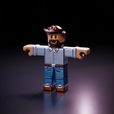 Blocky humanoid figure, toy-like, articulated joints.