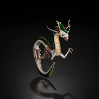 Serpentine dragon with green mane, fierce expression, mythical creature.