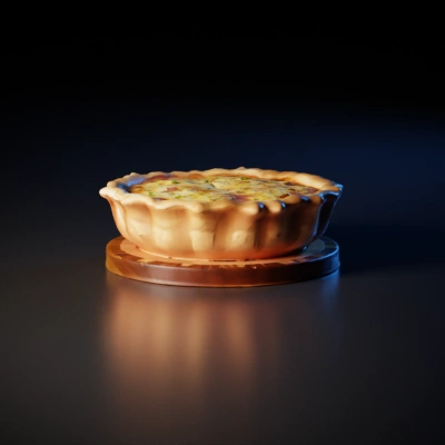 Pie with savory filling, garnished with herbs and bacon.