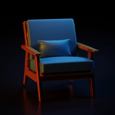 Modern armchair with wooden frame and cushion.