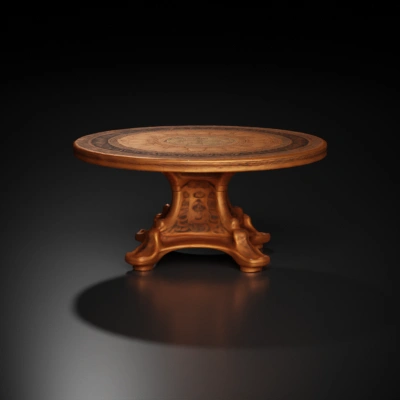 Ornate round table with intricate carvings.