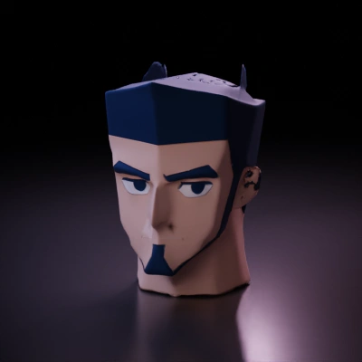 Stylized cartoon character portrait with determined expression.