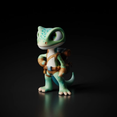 Anthropomorphic adventurous lizard with a backpack and gear.