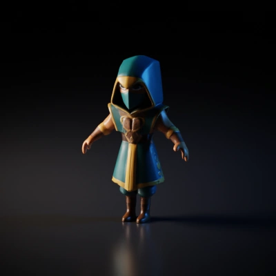 Cartoonish hooded figure, game-ready character.