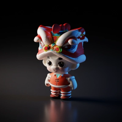 Cartoon character with traditional headgear resembling a lion.