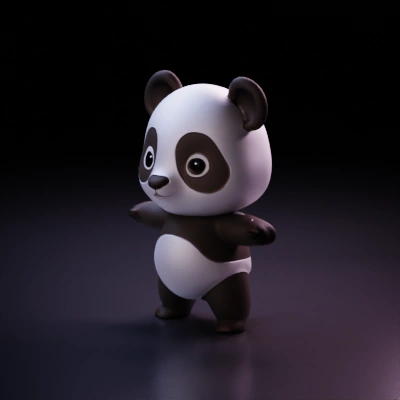 Chubby panda mascot, stylized 3D character.