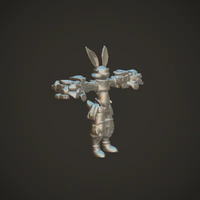 Armored rabbit character with mechanical gauntlets, character, complex geometry.