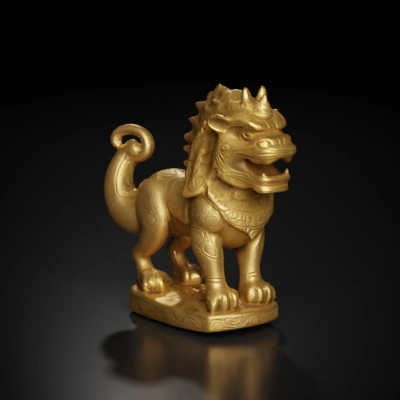 Mythical indonesian lion-like statue with ornate patterns.