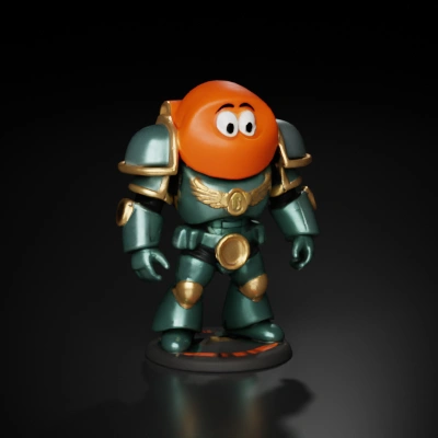 Armored cartoon character with a rounded head.