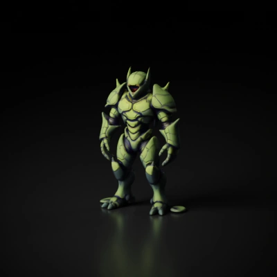 Armored humanoid robot, standing pose, futuristic design.