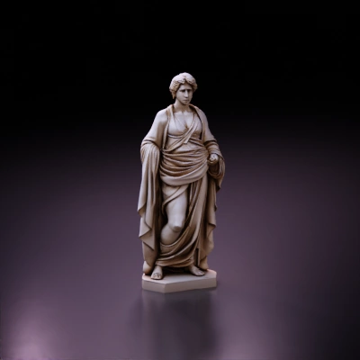 Classical stone statue of standing muscular male with draped clothing.