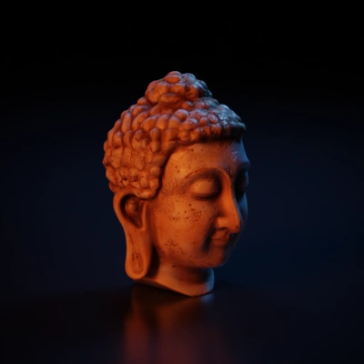 Buddha head sculpture, serene expression, coiled hair.