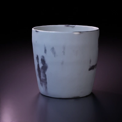 Plastic cup filled with orange juice without handle.