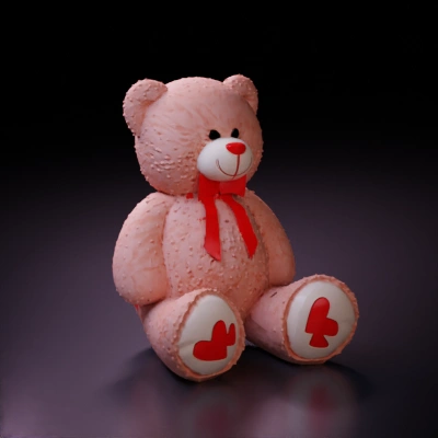 stuffed teddy bear with red ribbon.
