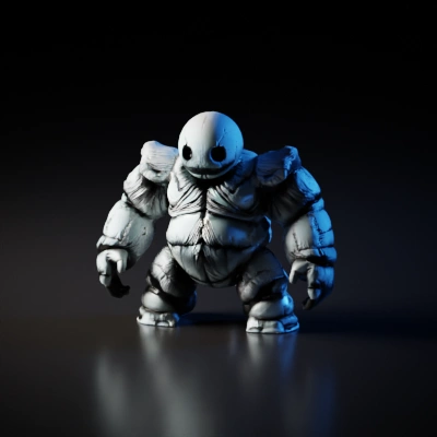 Stitch-like bulky ragdoll character, dangerous and eerie.