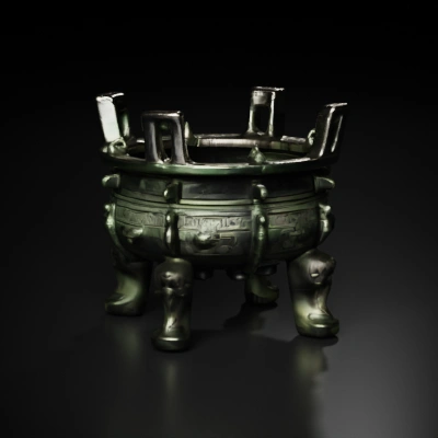 Ancient artifact with intricate carvings, tripod design. bronze,