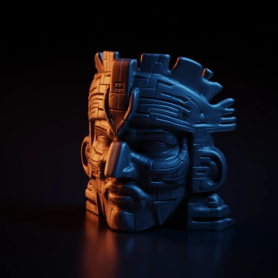 Large aztec stone face, ancient design, intricate details, spiritual significance.