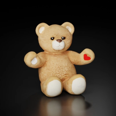 Fluffy teddy bear holding a heart, smiling face.