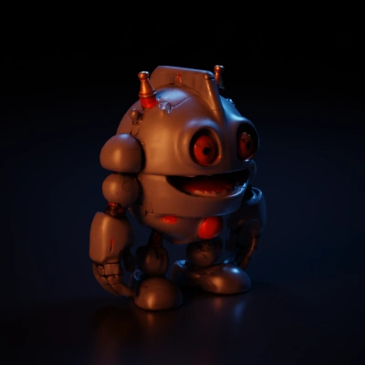 Robot character with large eyes and teeth.