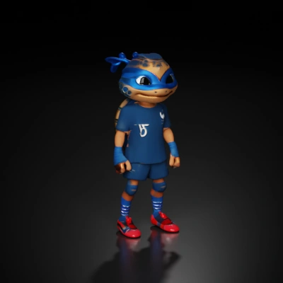 Turtle-like character dressed as a ninja, sports jersey, headband.