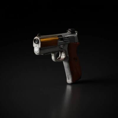 Handgun with wooden grip, semi-automatic, modern design.