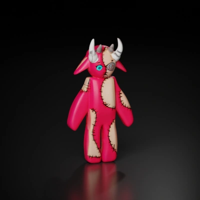 Stitched plush toy with horns, scared look, sewn patches.