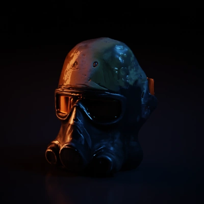 Gas mask with goggles and helmet, post-apocalyptic theme.