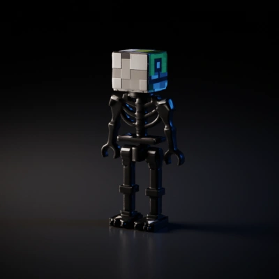 Blocky skeleton toy, pixel head, articulated limbs. LEGO-style skeleton figure with a pixelated cube head. Lowpoly, arms raised horizontally in a T-shaped pose
