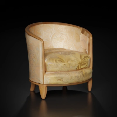 Vintage armchair, ornate upholstery, wooden legs.