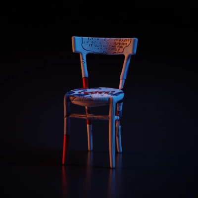 Decorated chair with comic book theme.