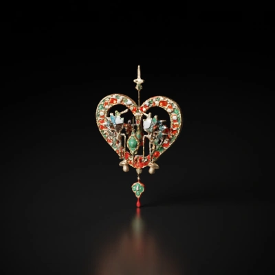 Ornate heart-shaped pendant with gems, intricate design.