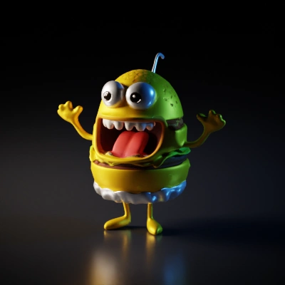 Hamburger-like character with arms, legs, and a mouth.