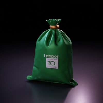 Plastic drawstring bag with branding.