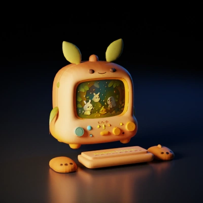 Cute plant-themed computer with animal display. The components of the computer in the image will be separated