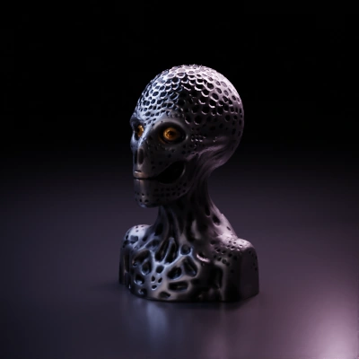 Alien-like character with skin covered in holes. prominent teeth