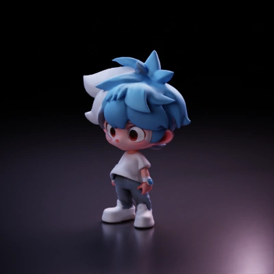 cartoon boy with blue hair.