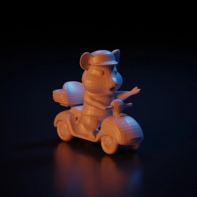 Hamster on a scooter, wearing a helmet, anthropomorphic.