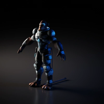 Armored monkey warrior in futuristic suit.